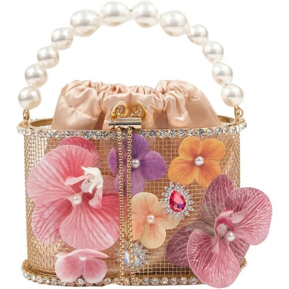 ⚡ Women's Multi Flower Shaped Rhinestone Evening Metallic Bucket Crossbody Bag - Picture 2 of 9